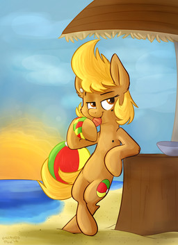ambiguous_gender ball beach beach_ball blonde_hair brown_body brown_eyes brown_fur candy cloud dessert detailed_background eyelashes feral food fur hair inflatable lollipop markings mole_(marking) outside piercing pool_toy public sand sea seaside short_hair sky solo sun sunset water orlandofox cc-by-nc-nd creative_commons hasbro my_little_pony beach_ball_(character) fan_character earth_pony equid equine horse mammal pony hi_res
