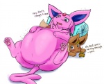 44shio ambiguous_gender anus belly belly_expansion belly_inflation big_belly canid canine dialogue duo eevee eeveelution english_text espeon expansion feet feral generation_1_pokemon generation_2_pokemon inflation mammal nintendo pawpads paws pokemon pokemon_(species) soles text toes