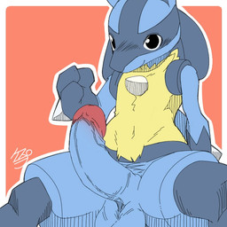 3_fingers anthro balls big_penis biped black_blush black_eyes blue_balls blue_body blue_fur blue_penis blue_tail blush blush_lines border chest_spike closed_smile erection facial_markings fingers fur genital_raphe genitals glans glistening glistening_eyes gloves_(marking) hand_spike head_markings humanoid_genitalia humanoid_penis looking_at_viewer male male_anthro markings mask_(marking) mismatched_genitalia mismatched_humanoid_penis mismatched_penis mouth_closed multicolored_body multicolored_fur navel neck_tuft nude nude_anthro nude_male outline outside_border penile_raphe penis raphe_(anatomy) red_background red_glans simple_background smile smiling_at_viewer solo spikes spikes_(anatomy) spread_legs spreading tail tuft vein veiny_penis white_border white_outline yellow_body yellow_fur pu_sukebe nintendo pokemon canid canine generation_4_pokemon lucario mammal pokemon_(species) 1:1 2017 digital_drawing_(artwork) digital_media_(artwork)