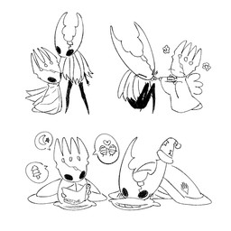 2_horns 4_horns 6_wings ambiguous/ambiguous ambiguous_gender anthro bedding black_body black_eyes blanket blush blush_lines bottomless bottomless_anthro cloak clothed clothing crescent_moon cutlery duo eyes_closed feeding feeding_partner flower fork happy hat head_on_pillow headgear headwear heart_symbol horn insect_wings kitchen_utensils moon multi_horn multi_wing nightcap pillow plant plate reading_aloud reading_scroll robe scroll simple_background sitting sitting_on_ground size_difference star strawberry_shortcake_(food) text tools under_blanket white_background white_body white_cloak white_clothing white_head white_robe wings akaebidon hollow_knight_(franchise) team_cherry hollow_knight_(character) pale_king_(hollow_knight) arthropod insect vessel_(species) 1:1 2026 digital_media_(artwork) english_text hi_res monochrome sketch father_(lore) father_and_child_(lore) incest_(lore) male_(lore) nonbinary_(lore) parent_(lore) parent_and_child_(lore)