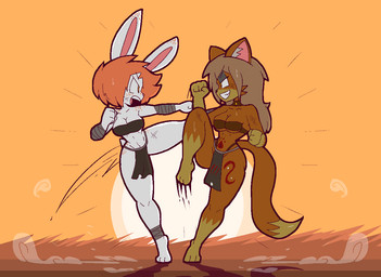 anthro bandage bandaged_arm bandaged_leg barefoot belly_tattoo bottomwear breasts brown_body brown_fur brown_hair cleavage clothed clothing duo feet female female/female freckled_ears freckled_face freckled_legs freckled_shoulders freckled_thighs freckles fur hair kick leg_tattoo loincloth navel open_mouth orange_hair scratches smile tail tattoo thick_thighs white_body white_fur wide_hips yellow_eyes usagibun1 bosho_(usagibun1) nami_(j3karts) domestic_cat felid feline felis lagomorph leporid mammal rabbit 2025 digital_media_(artwork)