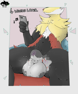 after_transformation animal_genitalia ball_markings balls big_balls bodily_fluids claws cock_transformation crotch_markings electronics fully_sheathed genital_fluids genital_markings genitals male markings multicolored_body navel permanent_transformation phone precum sheath sheath_transformation sitting solo transformation two_tone_sheath malaki nintendo pokemon tayla canid canine delphox generation_6_pokemon mammal pokemon_(species) 5:6 hi_res