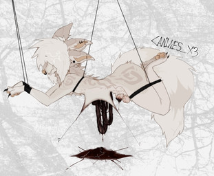 alternative_fashion anthro balls blood blood_from_penis bodily_fluids emo exposed_organs femboy genital_mutilation genital_torture genitals gore gore_focus hair hair_over_eyes male mutilation penis piercing pubes restraints solo suspension thick_thighs canines_x3 august_(canines_x3) canid canine mammal hi_res