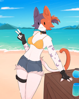 5_fingers accessory anthro beach bell bell_collar bikini biped blush blush_lines bottomwear box breasts claws clothing collar container crate denim denim_bottomwear denim_clothing dot_eyes eyebrows eyelashes female female_anthro fingerless_gloves fingers glistening glistening_body glistening_clothing gloves hair handwear looking_at_viewer medium_breasts midriff navel pose sea shorts simple_eyes slim small_breasts solo swimwear tail thigh_strap two-piece_swimsuit water syleaf epic_games fortnite cate_meowdy calico_cat domestic_cat felid feline felis mammal 4:5 absurd_res colored detailed digital_drawing_(artwork) digital_media_(artwork) hi_res portrait three-quarter_portrait