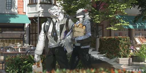 ambiguous_feral ambiguous_gender anthro anthro_focus black_bottomwear black_clothing black_jacket black_pants black_topwear blue_clothing blue_eyes blue_jacket blue_topwear bottomwear clothed clothing day ear_piercing ear_ring fangs feral fur furniture gesture grey_body grey_bottomwear grey_clothing grey_fur grey_pants grey_topwear group hair jacket male male_anthro open_clothing open_jacket open_mouth open_smile open_topwear outside pants piercing plant ring_piercing short_hair shrug smile table teeth topwear tree trio walking white_body white_clothing white_fur white_hair white_topwear yellow_eyes awaldkize mythology avian dragon felid furred_dragon furred_scalie mammal mythological_creature mythological_scalie pantherine scalie tiger absurd_res detailed hi_res