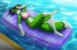 air_float anthro bent_legs big_breasts bikini biped black_hair black_markings breasts clothed clothing crossed_legs day female fur green_body green_fur green_highlights hair hand_in_hair hand_in_water highlights_(coloring) lying markings multicolored_body multicolored_fur on_back partially_clothed pink_highlights pose solo swimming_pool swimwear touching_hair two-piece_swimsuit two_tone_body two_tone_fur water white_body white_fur theowlette canid canine canis domestic_dog husky mammal nordic_sled_dog spitz pinup