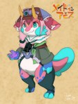 anthro blue_eyes claws clothed clothing gills hair male paws simple_background smile solo tail double_slime made_in_abyss mythology jellybean_(double_slime) amphibian dragon marine mythological_creature mythological_scalie salamander scalie 3:4 digital_media_(artwork) hi_res