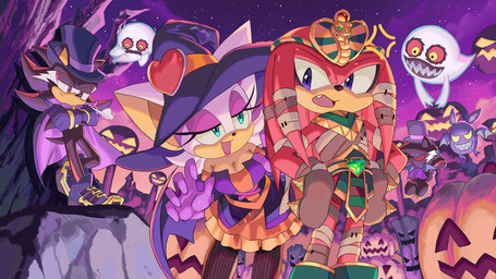 anthro breasts cape clothing costume female group halloween_costume hat headgear headwear holidays jack-o'-lantern magic_user male mummy_costume mummy_wrappings purple_sky sky trio witch witch_hat ririkuma halloween sega sonic_the_hedgehog_(series) knuckles_the_echidna rouge_the_bat shadow_the_hedgehog bat echidna eulipotyphlan ghost hedgehog mammal monotreme spirit hi_res