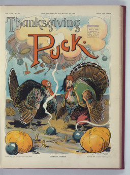 ambiguous_gender axe bayonet blue_sky bomb clothing cloud cutlery duo explosives feathered_wings feathers feral fez food fork fruit hat headgear headwear holidays humanoid_face humor kitchen_utensils knife male pastry pie plant pumpkin pun sky smoke tools topwear turkish vest weapon wearing_hat wings louis_glackens public_domain puck_(magazine) thanksgiving animal_humanoid avian avian_humanoid bird bird_humanoid galliform galliform_humanoid humanoid phasianid turkey turkey_humanoid 1908 20th_century absurd_res ancient_art hi_res