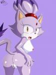 anthro blush butt female fur genitals looking_at_viewer looking_back nipples nude open_mouth pussy simple_background solo standing kcn sega sonic_the_hedgehog_(series) blaze_the_cat felid feline mammal 3:4 hi_res