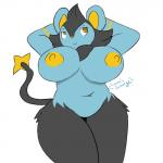 1:1 2018 absurd_res anthro anthrofied areola belly big_breasts breasts cosmicscourge female generation_4_pokemon hi_res luxio lying navel nintendo nipples nude overweight overweight_anthro overweight_female pokemon pokemon_(species) pokemorph simple_background slightly_chubby solo thick_thighs