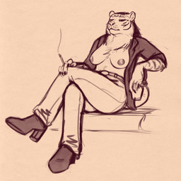anthro areola belt belt_buckle boots bottomwear breasts buckle cigarette clothing female footwear fur high_heeled_boots high_heels mature_female nipples pants shoes sitting solo stripes glopossum felid mammal pantherine tiger 1:1 2023 hi_res sketch