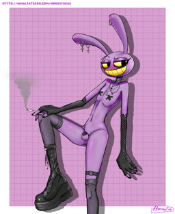 anthro balls blush blush_lines chastity_cage chastity_device clothed clothing crossdressing crossdressing_male femboy feminization footwear genitals handwear long_ears male purple_body purple_skin shoes smile solo teeth text yellow_eyes yellow_sclera hornyfudge glitch_productions the_amazing_digital_circus jax_(tadc) lagomorph leporid mammal rabbit absurd_res hi_res url