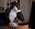 anthro bored chair clothed clothing computer_keyboard computer_mouse furniture hair male on_chair sitting sitting_on_chair solo topless littlefisky fisk_(angry_cat) domestic_cat felid feline felis mammal 3d_(artwork) digital_media_(artwork)