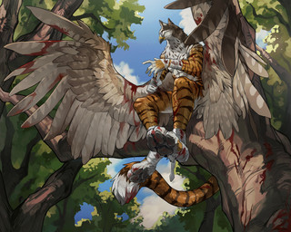 anthro bandage beak blood blood_on_leg blood_on_wings bodily_fluids feathered_wings feathers fur low-angle_view male nature_background orange_body orange_fur outside pawpads paws plant sitting sitting_on_tree solo stripes tail tree wings wounded wintom mythology streifi avian felid gryphon hybrid mammal mythological_avian mythological_creature pantherine tiger 2023 digital_media_(artwork) hi_res