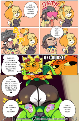 anthro big_breasts biped blonde_hair blush blush_lines bottomwear breasts clothed clothing daisy_dukes denim denim_bottomwear denim_clothing denim_shorts dialogue eyelashes female flower freckled_face freckles group hair heart_eyes heart_symbol hotpants long_eyelashes motion_lines nipple_outline plant pupils shorts slap smile sound_effects speech_bubble text thick_thighs three-quarter_view topwear trio ichduhernz animal_crossing electronic_arts nintendo plants_vs._zombies plants_vs._zombies_heroes popcap_games isabelle_(animal_crossing) solar_flare_(pvz) canid canine canis domestic_dog elemental_creature flora_fauna flower_creature human mammal shih_tzu sunflower_(pvz) toy_dog 2025 absurd_res comic english_text hi_res