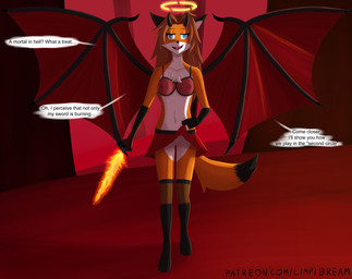 anthro blue_eyes bottomwear bra breasts brown_hair chest_tuft clothed clothing clothing_lift dipstick_tail female fur genitals gloves_(marking) hair hell holding_melee_weapon holding_object holding_sword holding_weapon horn leg_markings legwear looking_at_viewer markings melee_weapon membrane_(anatomy) membranous_wings multicolored_body navel nipples no_underwear nude presenting presenting_vulva simple_background skirt skirt_lift smile socks_(marking) solo standing stockings sword tail tail_markings talking_to_viewer teeth text thigh_highs tongue translucent translucent_bra translucent_clothing translucent_underwear tuft two_tone_body underwear vulva weapon wings limpidream twokinds laura_(twokinds) canid canine demon fox mammal absurd_res digital_media_(artwork) english_text hi_res