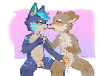 anthro biped blue_body blue_eyes blue_fur blue_hair blue_markings blush bodily_fluids brown_body brown_fur countershade_torso countershading cum duo ejaculation erection eye_contact food foreskin fur fur_markings genital_fluids genitals hair half-erect handjob humanoid_genitalia humanoid_penis leaking_cum looking_at_another male male/male markings nude_anthro nude_male penile penis pocky_game pocky_in_mouth sex shota sweat sweatdrop tan_body tan_fur yellow_eyes young young_anthro young_male fur_alasky pocky canid canine canis domestic_dog husky jackal mammal nordic_sled_dog spitz character_request hi_res