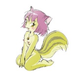 anthro biped breasts female fur hair kneeling looking_at_viewer nipples purple_hair simple_background sitting solo tail white_background yellow_body yellow_fur pukao mammal rodent sciurid tree_squirrel 1:1 low_res