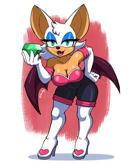 anthro bared_teeth bat_wings big_ears boots breasts chaos_emerald clothing ears_up eyelashes female footwear fur gem green_eyes holding_gem holding_object looking_at_viewer membrane_(anatomy) membranous_wings open_mouth shoes smile smiling_at_viewer solo teeth teeth_showing tongue white_body white_fur wings chisheq sega sonic_the_hedgehog_(series) rouge_the_bat bat mammal hi_res