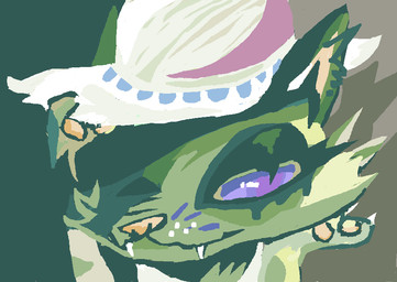 ambiguous_gender anthro clothing fangs fur green_body green_fur hat headgear headwear purple_eyes solo teeth white_clothing white_hat white_headwear yellow_nose naircat domestic_cat felid feline felis mammal 2017 digital_drawing_(artwork) digital_media_(artwork) headshot_portrait microsoft_paint_(artwork) portrait