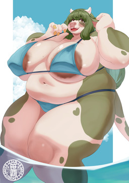 5_fingers anthro areola areola_slip belly big_areola big_breasts bikini bikini_pull blue_bikini blue_clothing blue_swimwear blush breasts brown_areola brown_eyes clothing clothing_pull cloud colored_nails curvy_figure day dutch_angle eyebrow_through_hair eyebrows female female_anthro fingernails fingers fur glistening glistening_breasts green_body green_fur green_hair hair huge_breasts logo long_hair markings mole_(marking) mole_on_breast mole_under_eye mole_under_mouth multicolored_body multicolored_fur nails navel open_mouth outside overweight overweight_anthro overweight_female partially_submerged sky smile solo standing swimwear swimwear_pull tail thick_eyebrows thick_thighs translucent translucent_hair two-piece_swimsuit two_tone_body two_tone_fur voluptuous voluptuous_anthro voluptuous_female white_body white_fur wide_hips yellow_fingernails yellow_nails sasanoha6011 bovid bovine cattle holstein_friesian_cattle mammal absurd_res artist_logo hi_res