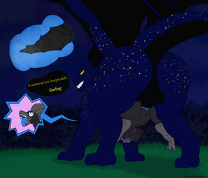 abdominal_bulge ahegao balls black_body black_wings blue_body blue_claws blue_eyes blue_eyeshadow blue_tongue blue_wings claws dialogue duo extreme_size_difference eyeshadow feathers feet female feral feral_on_feral genitals gold_spots grey_body grey_feet grey_hands grey_snout held_by_penis internal internal_vaginal lifted_by_penis looking_pleasured makeup male male/female orange_eyes penis penis_lift sex size_difference smile smiling_at_another speech_bubble spots spread_wings text tongue wings yellow_eyes yellow_spots therealmessyroomguy1 mythology lumina_(therealmessyroomguy1) sylvan_caelestis dinosaur dragon dromaeosaurid feathered_dinosaur feathered_scalie mythological_creature mythological_scalie prehistoric_species reptile saurischian scalie theropod winged_dragon english_text hi_res watermark