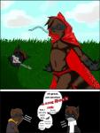 african_wild_dog alpha_channel anthro black_border border canid canine canis clothing comic dialogue domestic_dog duo english_text fairy_tales hi_res humor little_red_riding_hood little_red_riding_hood_(copyright) male mammal parody plant procyonid raccoon raccoon_douga raccoondouglas scar shrub text thong underwear yet_another_red_riding_hood_comic