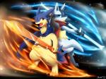 ambiguous_gender anthro duo melee_weapon sword weapon akino-kamihara nintendo pokemon generation_2_pokemon generation_4_pokemon lucario mammal pokemon_(species) typhlosion 4:3 absurd_res hi_res