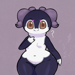 anthro bottom_heavy breasts brown_eyes featureless_breasts featureless_crotch female front_view fur gloves_(marking) grey_horn horn markings navel purple_background purple_body purple_fur question_mark short_stack simple_background small_breasts smile solo thick_thighs white_body white_fur wide_hips ghozt nintendo pokemon generation_8_pokemon indeedee pokemon_(species) absurd_res hi_res