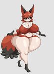 absurd_res alternate_species big_breasts border breasts canid cleavage clothed clothing female generation_8_pokemon grey_border hi_res huge_breasts humanoid humanoidized luditima mammal nickit nintendo pokemon pokemon_(species) pokemon_humanoid pokemorph simple_background solo thick_thighs wide_hips