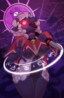 5_fingers anthro bell bell_collar breasts cape clothing collar crown dagger female fingers fur genitals glowing glowing_eyes headgear innie_vulva magic magic_circle melee_weapon open_mouth patreon_logo red_eyes solo teeth text vulva weapon wool_(fur) holt-odium cult_of_the_lamb massive_monster_(studio) patreon lamb_(cult_of_the_lamb) red_crown_(cult_of_the_lamb) bovid caprine mammal sheep 2022 artist_name hi_res