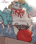 anthro areola balls_outline belt biped blep blue_body blue_fur blue_nose bulge clothing country cowboy_hat detailed_bulge fur genital_outline hat headgear headwear looking_at_viewer male multicolored_body multicolored_fur navel nipples overweight penis_outline pupils red_eyes simple_background sitting solo tongue tongue_out white_background white_body white_fur ziran badger mammal mustelid musteline hi_res