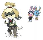 anthro clipboard clothed clothing dual_holding eye_patch eyewear female frown fur group holding_clipboard holding_object holding_pen holding_writing_utensil kerchief paws pen simple_background string_bow trio white_background writing_utensil yellow_body yellow_fur mitogenesis animal_crossing konami metal_gear nintendo isabelle_(animal_crossing) naked_snake canid canine canis domestic_dog lagomorph leporid mammal rabbit shih_tzu toy_dog 2015 crossover