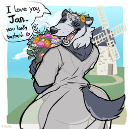 anthro bouquet butt clothing dialogue dress fangs female flower flower_bouquet flower_crown flowing_clothing fur grey_body grey_fur heart_symbol outside plant sharp_teeth solo tail tail_motion tailwag teeth text translucent translucent_clothing translucent_dress windmill yigar ela_(thesignalremains) badger mammal mustelid musteline 1:1 2026 animated animated_gif english_text hi_res short_playtime
