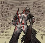anthro blood blood_on_face bodily_fluids clothed clothing dialogue fangs first_person_view holding_object holding_weapon insane knife looking_at_viewer male muscular muscular_anthro muscular_male perspective rope smile smiling_at_viewer solo teeth weapon yandere pinumontbalou dreamworks the_bad_guys mr._wolf_(the_bad_guys) canid canine canis mammal wolf absurd_res hi_res