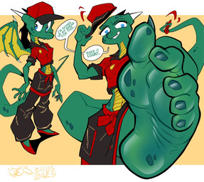 2_horns 5_toes anthro biped blue_eyes bottomwear clothed clothing crop_top feet female flats foot_fetish green_body hat headgear headwear horn humanoid_feet looking_aside looking_at_viewer membrane_(anatomy) membranous_wings navel pants plantigrade shirt soles solo speech_bubble suggestive_pose tail text toes topwear wings yellow_body oddjuice european_mythology mythology dragon mythological_creature mythological_scalie scalie western_dragon 2025 dated english_text multiple_scenes signature
