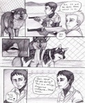 ambiguous_gender black_and_white canid canine canis comic coop_(wrng) dialogue digitigrade english_text feral graphite_(artwork) group human male mammal monochrome natsume_(wrng) natsumewolf oz_(wrng) pencil_(artwork) quadruped rikku tail text traditional_media_(artwork) wolf wolf's_rain wolf's_rain_next_generation