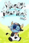 bell bell_collar blue_nose clothed clothing collar costume eyes_closed happy holiday_message holidays open_mouth sitting smile solo text harara chinese_zodiac disney lilo_and_stitch new_year year_of_the_ox stitch_(lilo_and_stitch) alien bovid bovine cattle experiment_(lilo_and_stitch) mammal 2021 english_text hi_res signature