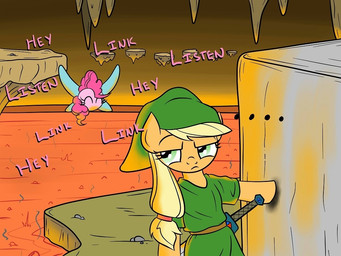 blonde_hair clothing cosplay duo eyes_closed female feral green_eyes hair hat headgear headwear lava melee_weapon parody pink_hair shirt sword text topwear tunic weapon firebrandkun friendship_is_magic hasbro my_little_pony nintendo ocarina_of_time the_legend_of_zelda applejack_(mlp) link navi pinkie_pie_(mlp) earth_pony equid equine fairy horse mammal pony 4:3 crossover english_text