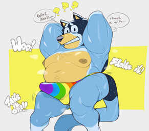 anthro areola biped blue_body body_hair chest_hair clothed clothed_anthro clothed_male clothing erection erection_under_clothing eyebrows hands_behind_head looking_at_viewer male male_anthro multicolored_clothing multicolored_thong multicolored_underwear musclegut muscular navel nipples overweight overweight_anthro overweight_male question_mark rainbow_clothing rainbow_thong rainbow_underwear raised_inner_eyebrows snail_trail solo speech_bubble standing text thong topless topless_anthro topless_male underwear underwear_only submarine_screw bluey_(series) bandit_heeler australian_cattle_dog canid canine canis cattledog domestic_dog herding_dog mammal pastoral_dog 2026 digital_media_(artwork) english_text