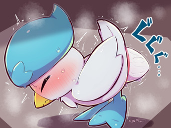 animal_genitalia avian_feet beak biped bipedal_feral blue_feet blue_hair blush blushing_profusely bodily_fluids cloaca cloaca_juice dripping egg eyes_closed feathers feet female feral genital_fluids genitals grey_background hair onomatopoeia oviposition shaking side_view simple_background solo sound_effects standing steam straining sweat text tremble_lines trembling white_body white_feathers badwingm nintendo pokemon avian generation_9_pokemon pokemon_(species) quaxly 4:3 hi_res japanese_text
