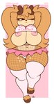 anthro areola belly big_belly big_breasts biped bottomwear breasts clothing cloven_hooves eyelashes female fishnet_clothing fishnet_legwear front_view hooves huge_breasts huge_hips huge_thighs legwear miniskirt nipples one_eye_closed overweight overweight_anthro overweight_female panties pupils skirt solo thick_thighs thigh_highs under_boob underwear wide_hips pkfirefawx deer mammal absurd_res hi_res