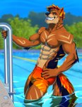 abs anthro arm_tuft biceps blue_body blue_countershading blue_eyes blue_tail blurred_background climbing_ladder clothing countershading detailed_background dripping ear_tuft elbow_tuft fire flaming_hair flaming_tail fur fur_markings grin hair hand_on_hip long_tail male markings multicolored_hair multicolored_tail muscular muscular_anthro muscular_male neck_tuft nipples orange_clothing orange_hair orange_swimming_trunks orange_swimwear orange_tail pecs pool_ladder pose pseudo_hair showing_teeth smile solo swimming_pool swimming_trunks swimwear tail tan_body tan_countershading tan_fur tan_markings triceps tuft water wet white_body feralise kaniya canid canine canis mammal wolf 2024 digital_media_(artwork) digital_painting_(artwork) hi_res pinup portrait three-quarter_portrait watermark