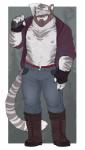 5_fingers abs anthro axe beard big_tail biped black_claws black_nose boots border bottomwear claws clothed clothing eyebrows facial_hair fingerless_gloves fingers footwear front_view fur gloves grey_background grey_body grey_eyes grey_fur grey_nipples grey_stripes grey_tail handwear holding_object jacket long_tail male manly markings mature_anthro mature_male melee_weapon multicolored_body multicolored_fur muscular muscular_anthro muscular_male mustache navel nipples outside_border pants pecs shoes simple_background smile solo standing striped_body striped_fur striped_markings striped_tail stripes tail tail_markings tools topwear weapon weapon_on_shoulder white_body white_border white_fur maaty-s evane vincent_(evane) felid mammal pantherine tiger 2016 digital_media_(artwork) full-length_portrait hi_res portrait watermark