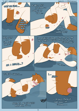 anthro balls bed bedding belly_nipples blush bodily_fluids close-up dialogue erection eyewear floppy_ears foreskin fur furniture genital_fluids genitals glasses glasses_off green_eyes hair holding_penis humanoid_genitalia humanoid_penis lop_ears male masturbation on_bed open_mouth orange_body orange_fur orange_hair penis pillow scut_tail short_tail solo tail text touching_penis urine urine_pool wet_bed white_body white_fur rroostersauce robin_(robinstic) lagomorph leporid mammal rabbit 2026 absurd_res comic english_text hi_res