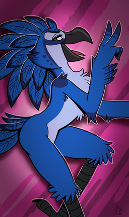 anthro beak blue_body feathers fingers gesture hand_gesture looking_at_viewer lying male on_side open_beak open_mouth smile solo tail tail_feathers tongue tongue_out v_sign nikraccoom avian bird blue_jay corvid jay_(bird) new_world_jay oscine passerine digital_media_(artwork) hi_res