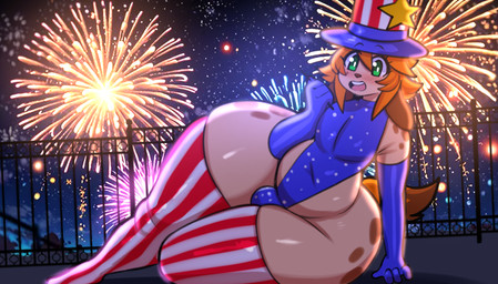 4_fingers anthro armwear biped blue_armwear blue_clothing blush bulge clothed clothed_anthro clothed_male clothing femboy fingers green_eyes hair holidays humanoid_hands legwear male multicolored_body red_clothing red_legwear solo thick_thighs white_clothing white_legwear inuzu 4th_of_july inuki_zu canid canine canis domestic_dog mammal