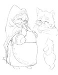 anthro apron biped clothed clothing elderly eyes_closed eyewear female glasses nude open_mouth slightly_chubby smile solo standing whiskers fdokkaku capcom monster_hunter grammeowster_chef felid felyne lynian mammal 2019 hi_res monochrome sketch unavailable_at_source