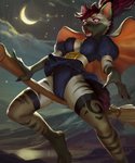 2019 anthro asiri broom broom_riding camel_toe cleaning_tool clothing doriangolovka ear_piercing female hi_res hyena lake legwear magic_user mammal moon mountain night open_mouth piercing solo star stockings striped_hyena surprised_expression witch